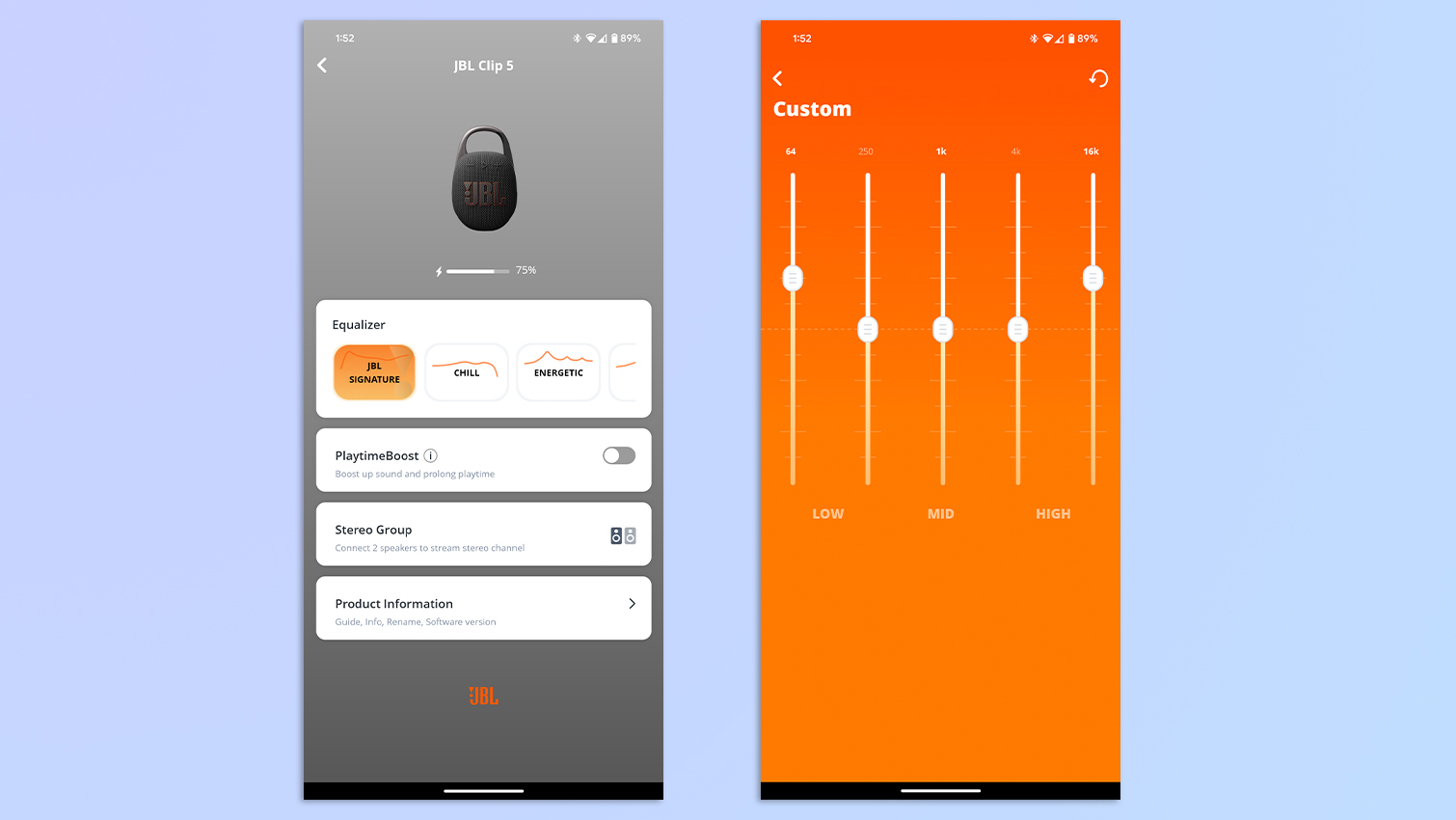 Een compilatie van screenshots die de JBL Portable-app op een Android-telefoon tonen