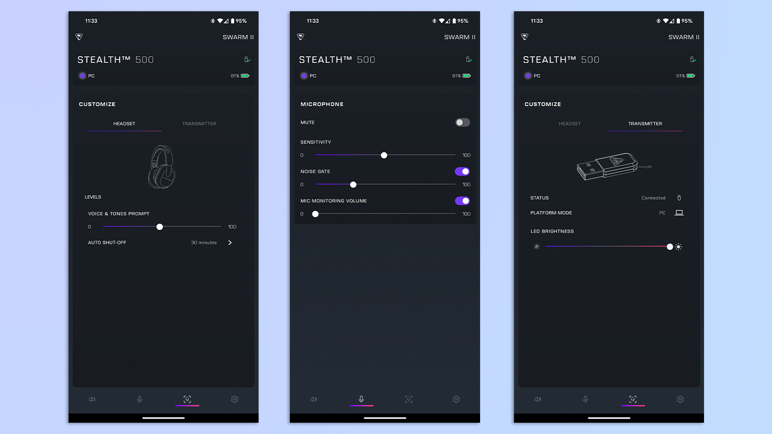 Een compilatie van schermafbeeldingen van de Swarm II-app op Android