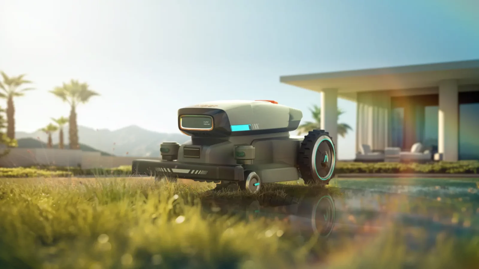 aiper horizon u1 robotic lawn mower mowing the lawn in front of a modern house