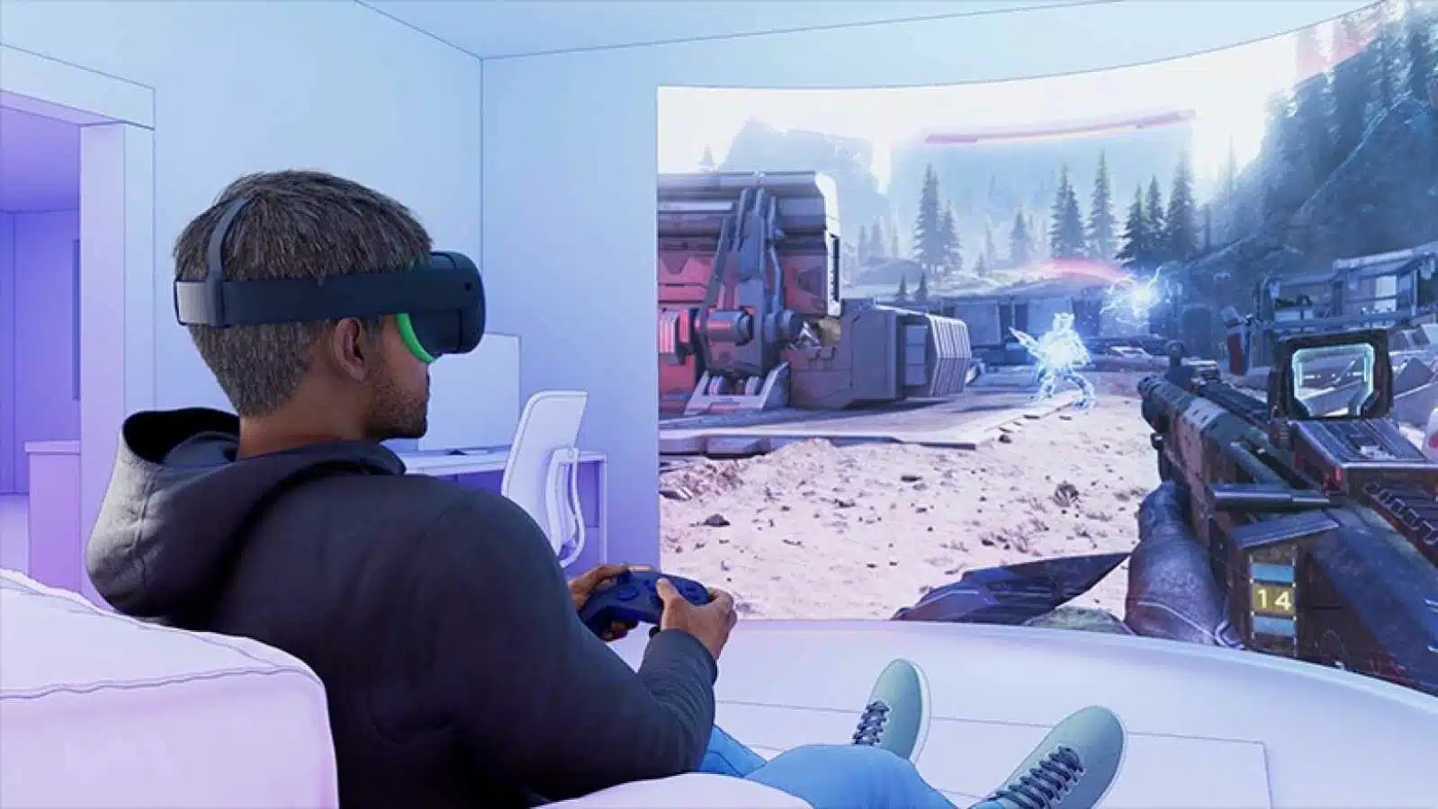 Man die een virtual reality shooter game speelt.