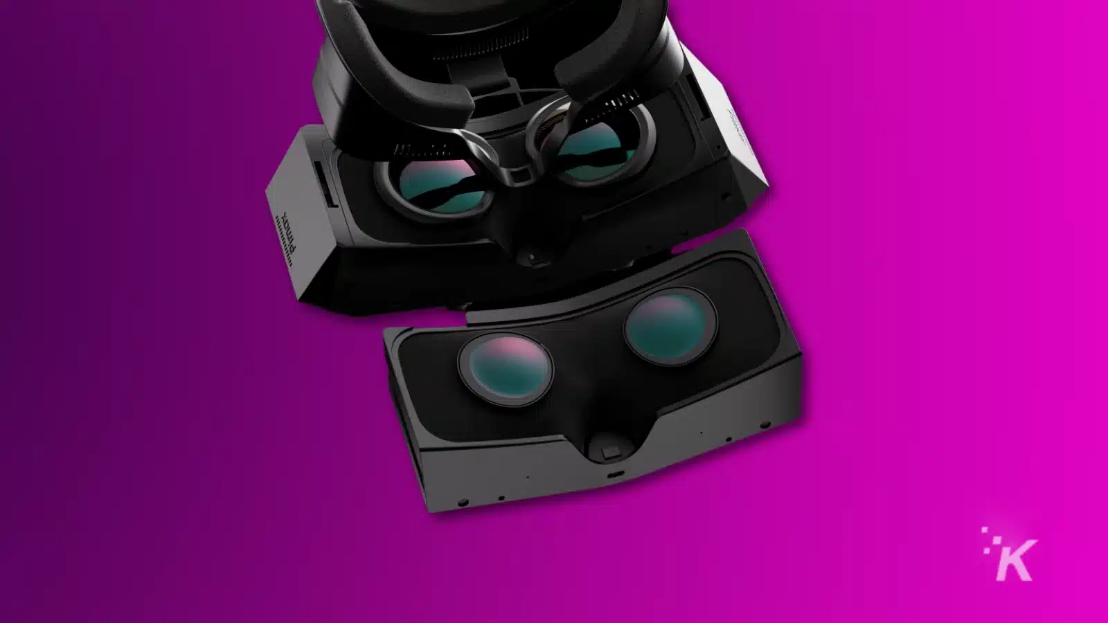 render of a VR headset and optical engine module on purple background.
