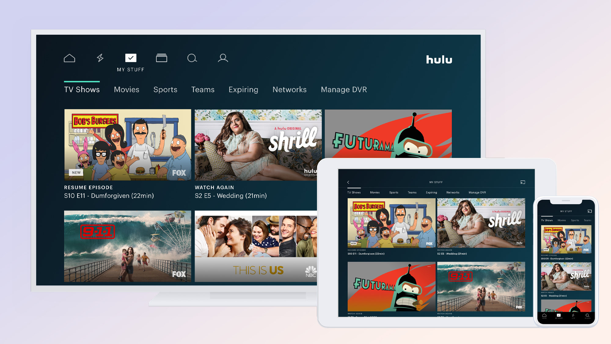 Een raster van tv-programma's die u hebt toegevoegd aan Mijn spullen in Hulu met Live TV op een tv, tablet en telefoon