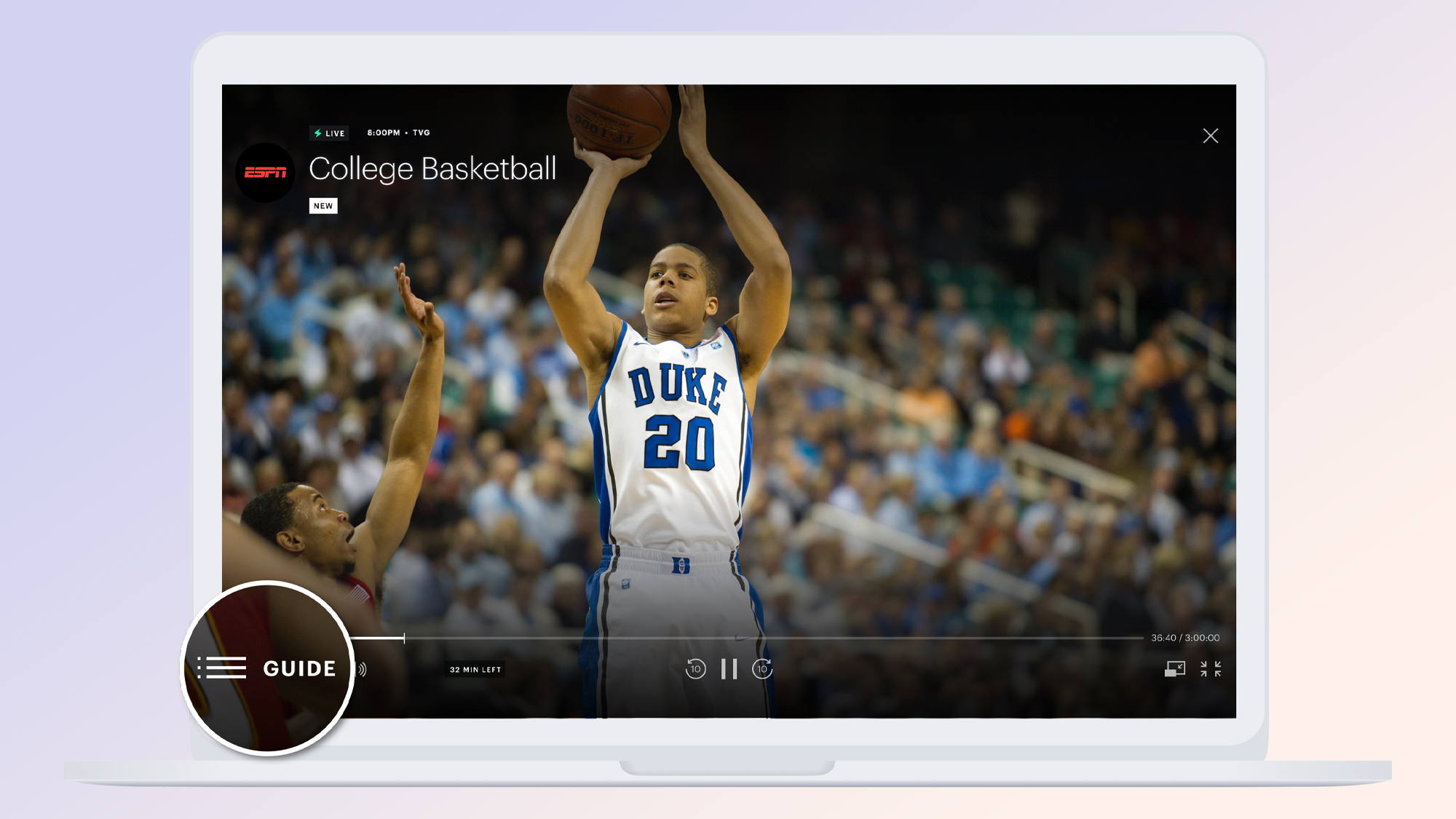 Een collegebasketbalwedstrijd wordt afgespeeld op Hulu met Live TV