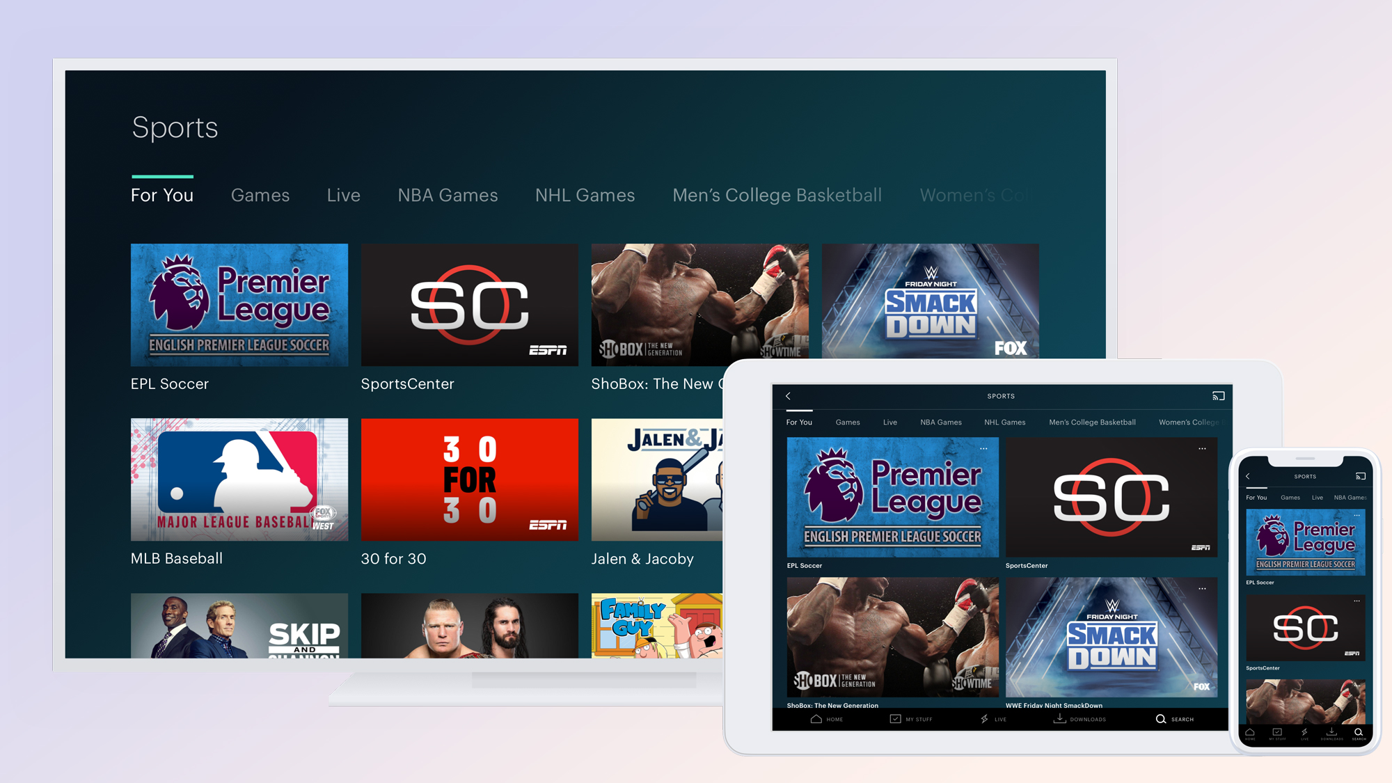 Een breed scala aan sportcontent op Hulu met Live TV op een tv, tablet en telefoon