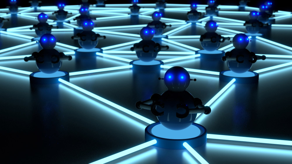 Gestileerde computergestuurde illustratie van onderling verbonden blauwe robots die de structuur van een netwerkbotnet illustreren.